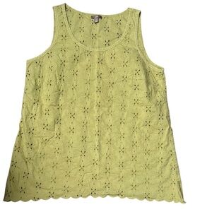 J Jill 100% Cotton Eyelet Lime Green Tank Top Size Medium Boho Beachy Resort